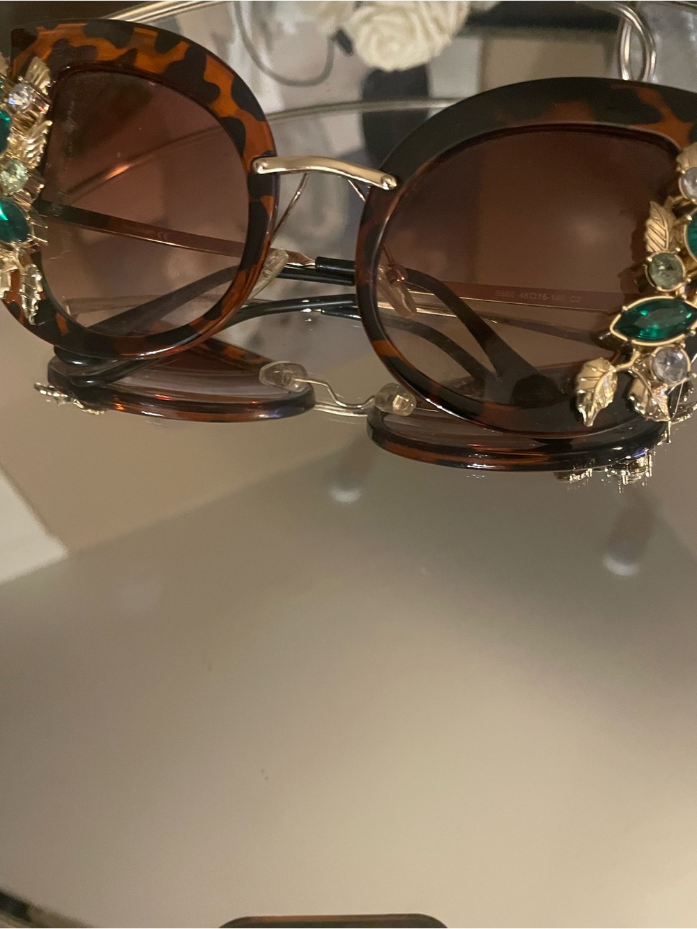 Embellished Tortoiseshell Round Sunglasses - Brown